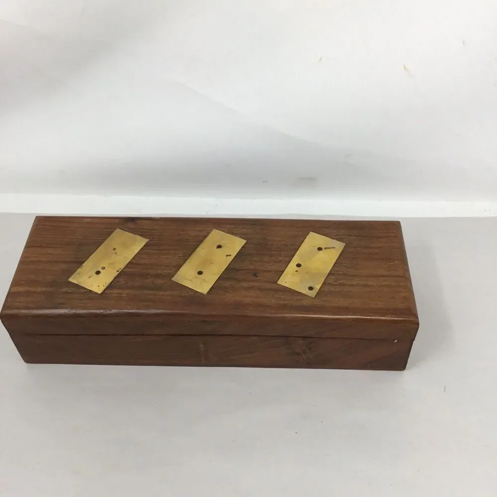Vintage Wooden Domino Set Storage Box Wood with Brass Inlay Handcrafted 28 Piece